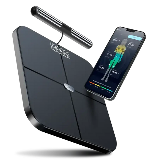 Hume Body Pod scale with handlebar sensor and smartphone displaying body composition analysis, highlighting HSA/FSA eligibility and advanced health tracking features.